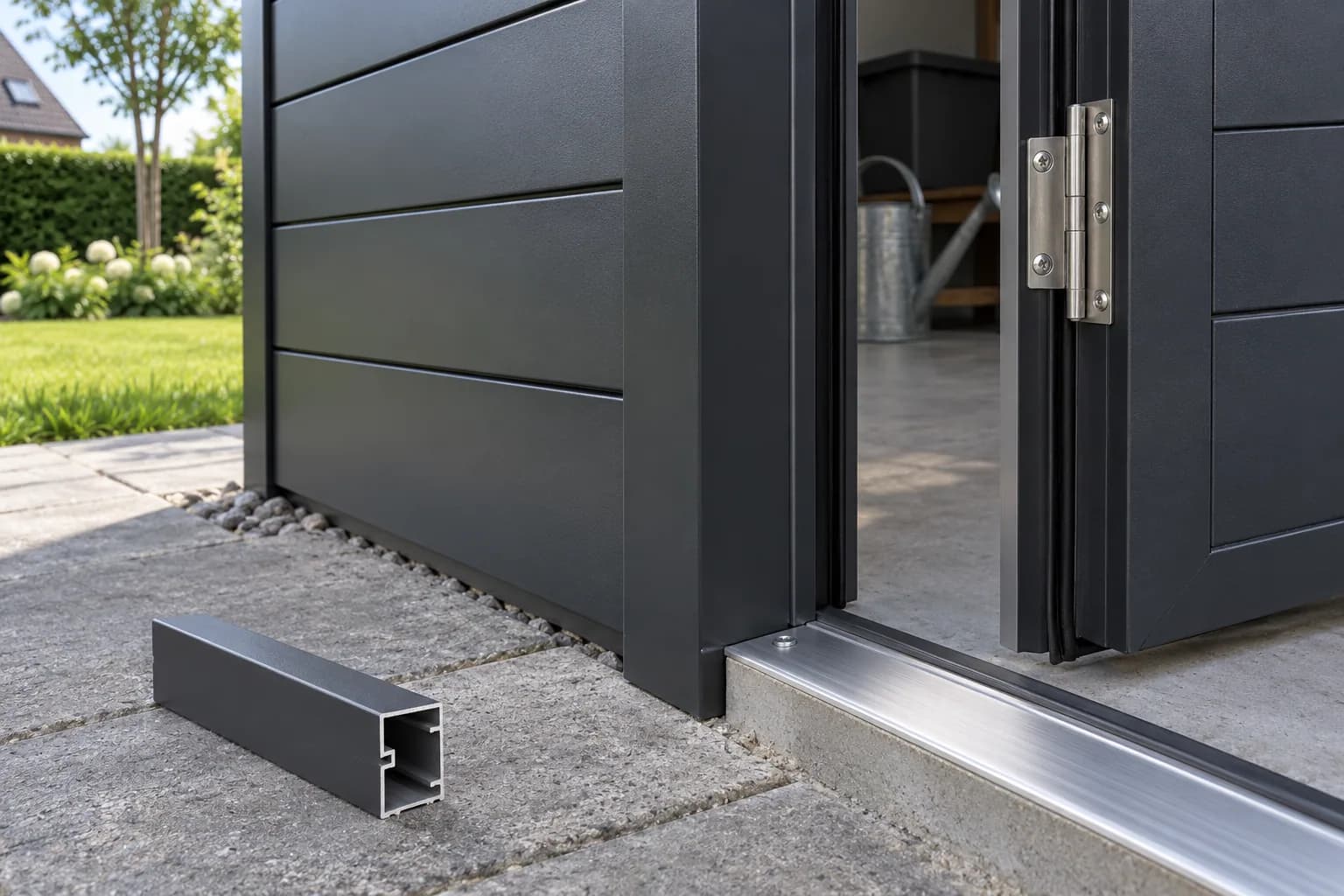 Seuil, charnière et joint d’un abri anthracite avec une chute de profilé en aluminium