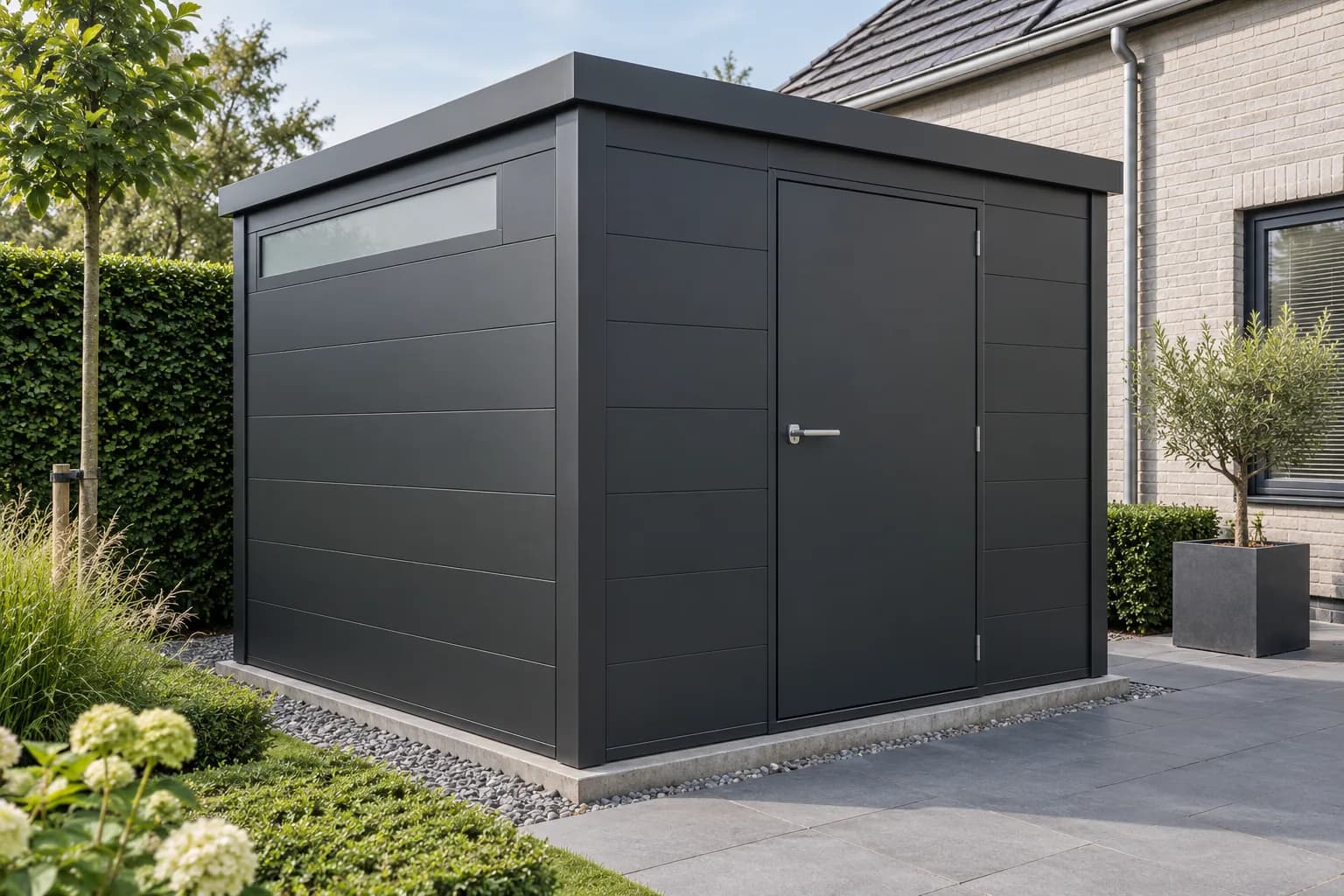 Abri en aluminium anthracite à panneaux lisses et fenêtre haute sur un socle en béton