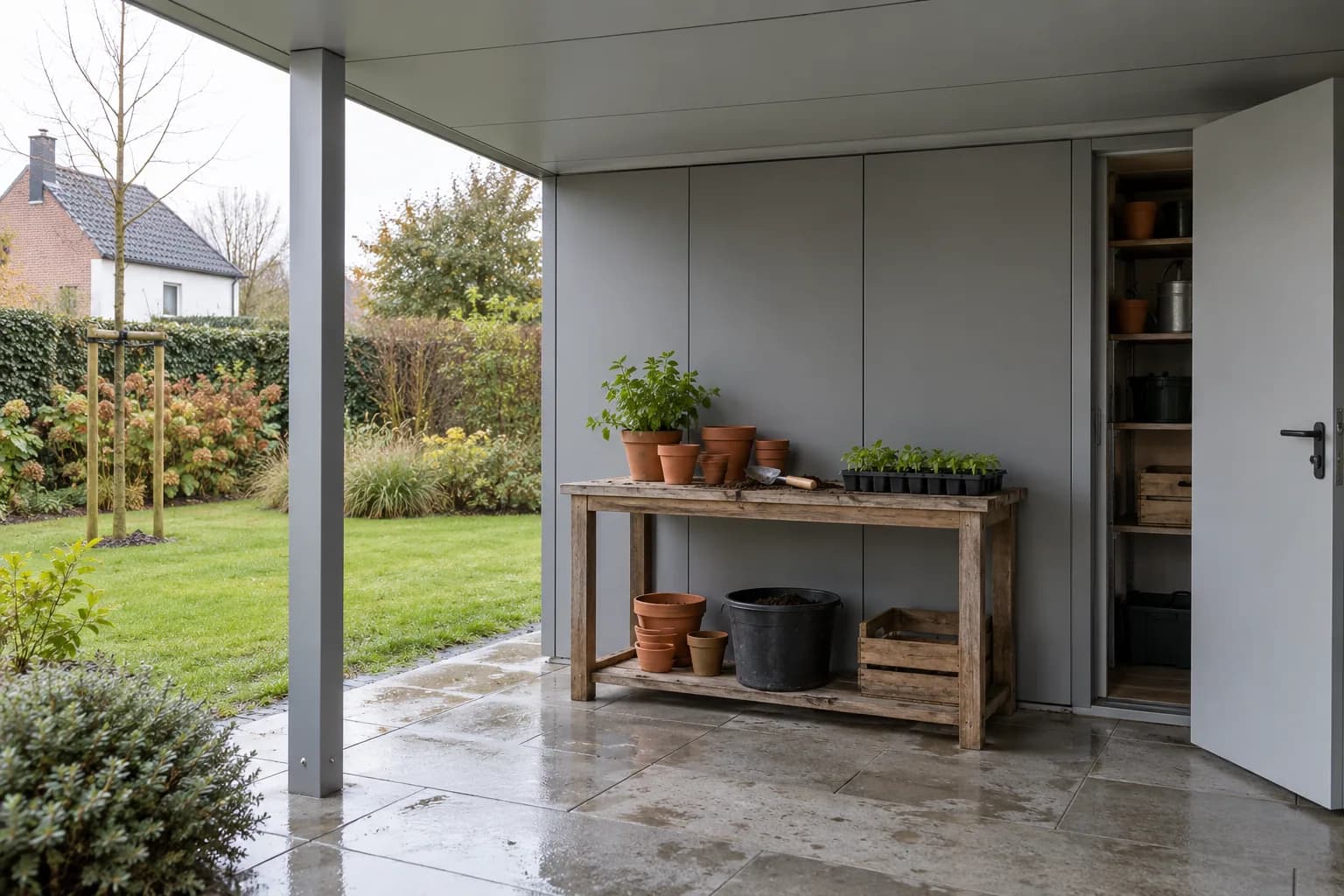 Table de rempotage et rangement ouvert sous un auvent en aluminium gris donnant sur le jardin