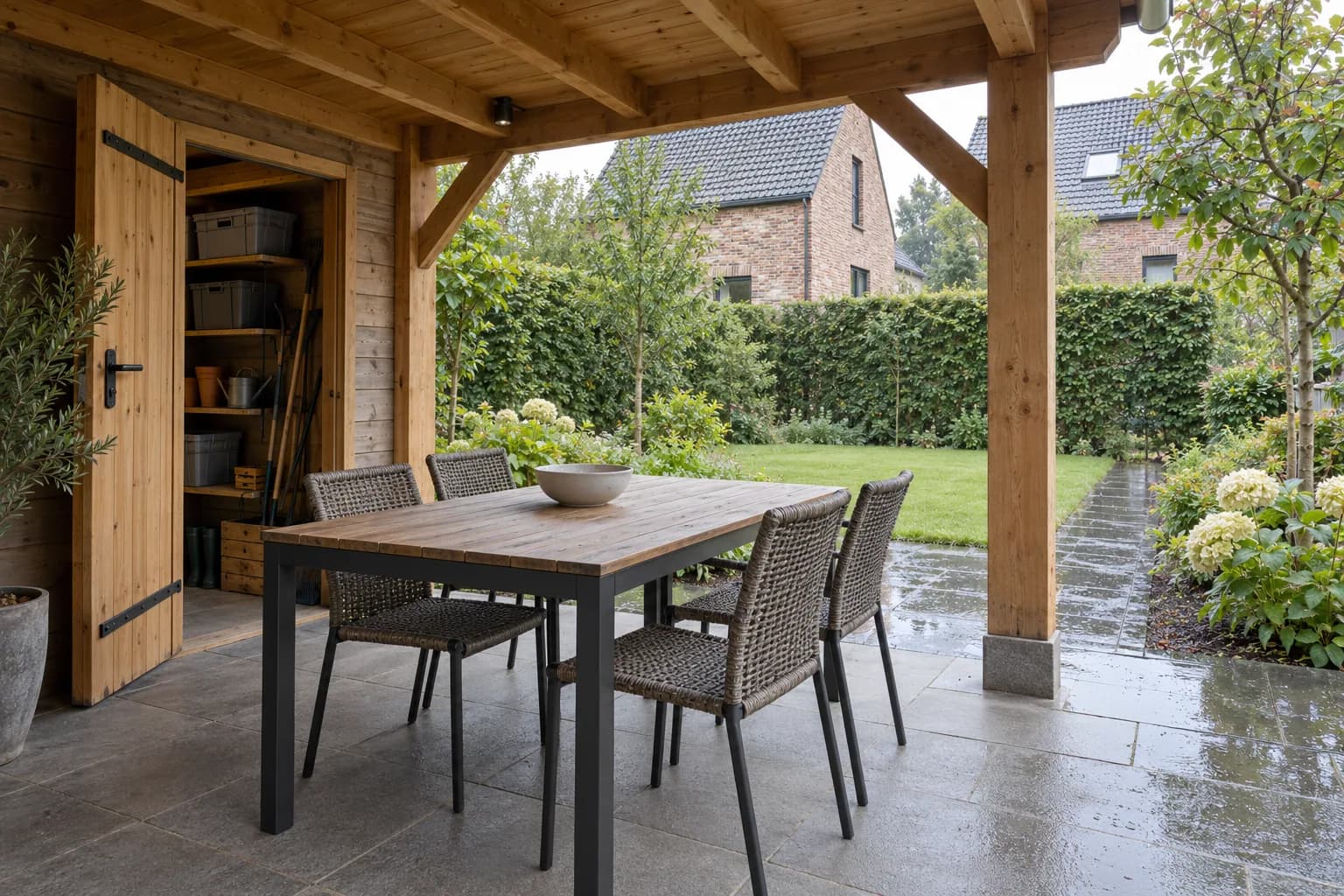 Table et quatre chaises sous un auvent en bois, à côté d’une remise ouverte après la pluie