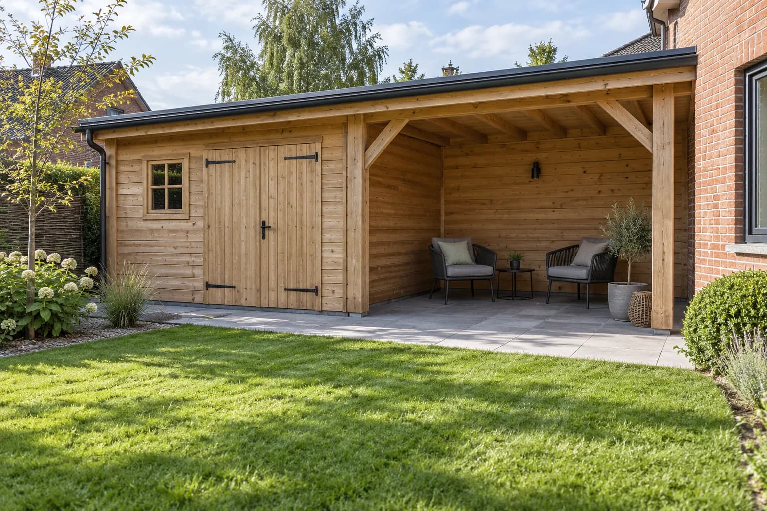 Remise en bois prolongée par un auvent avec deux fauteuils sur une terrasse dallée