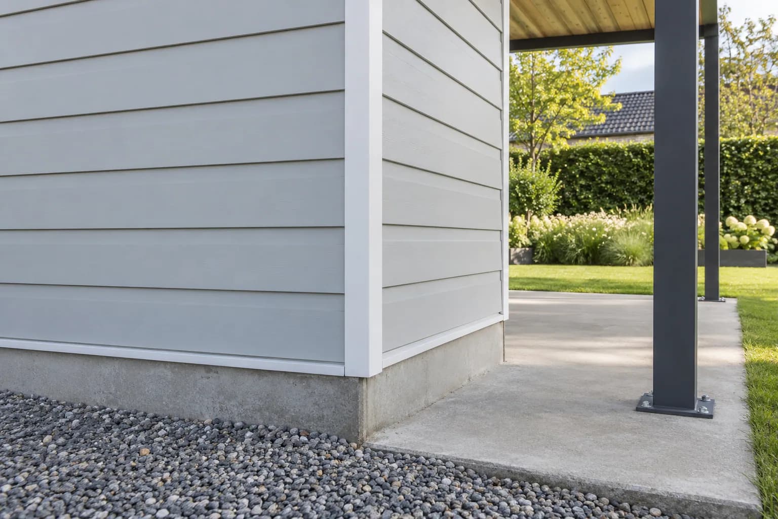 Bardage PVC clair sur soubassement en béton et pied de poteau métallique fixé sur la dalle