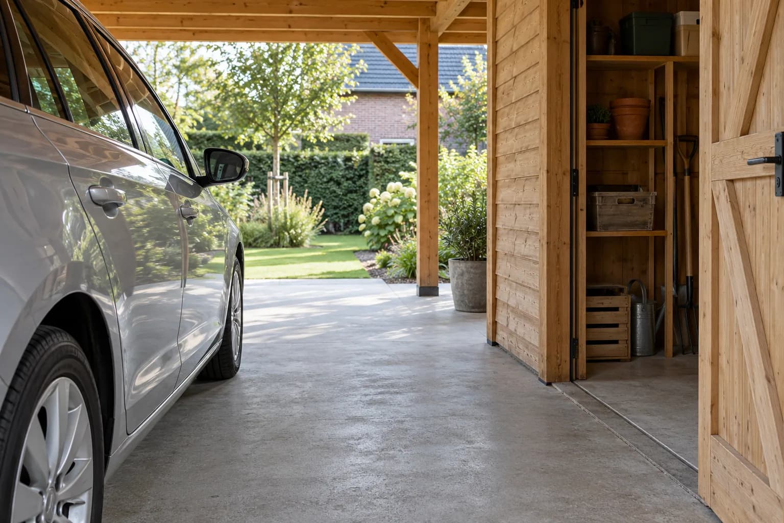 Passage couvert entre une voiture stationnée et une remise en bois ouverte avec étagères de rangement