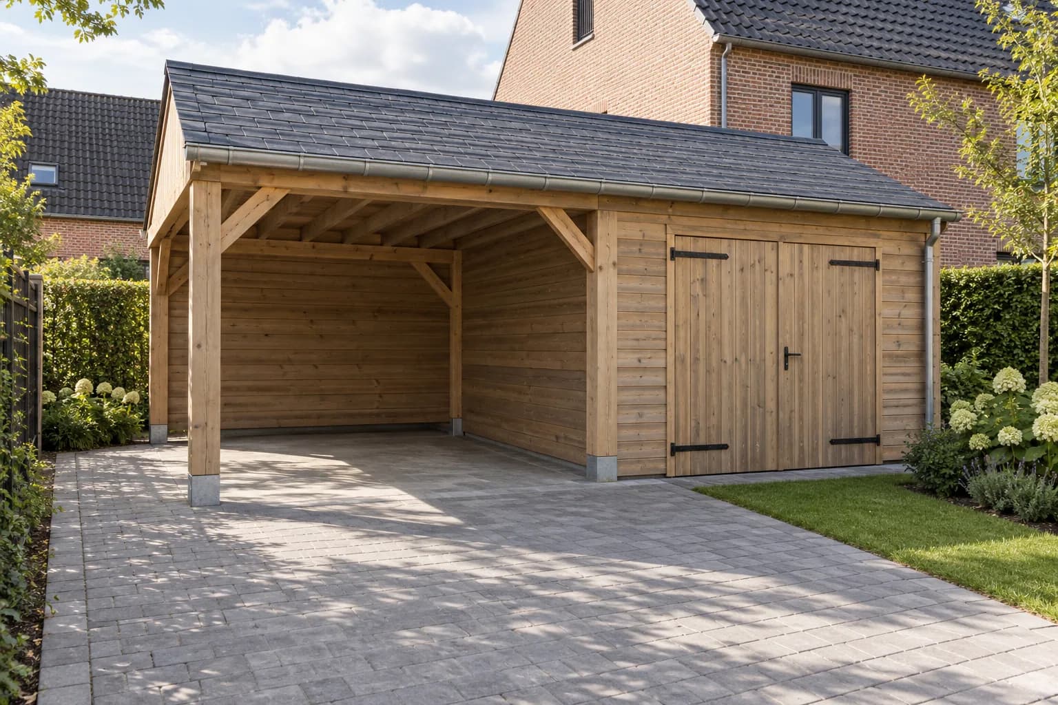 Abri en bois fermé et carport attenant sous une même toiture, avec accès pavé dégagé
