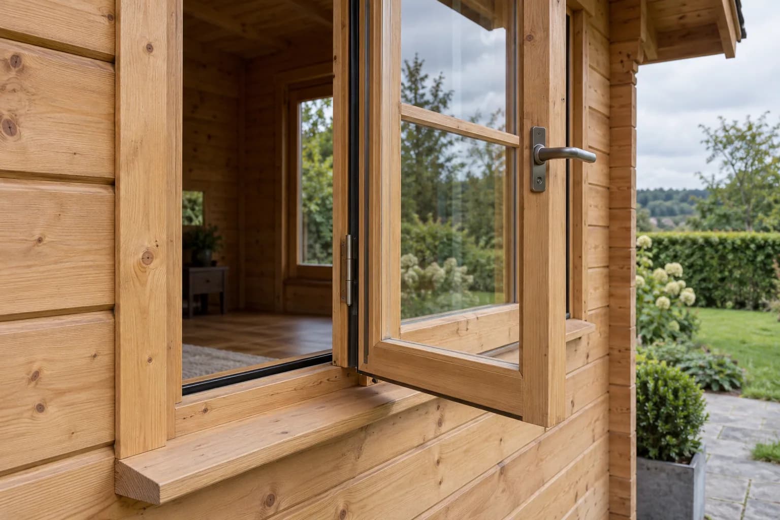 Fenêtre en bois ouverte avec charnière, joint sombre et appui incliné sur un chalet