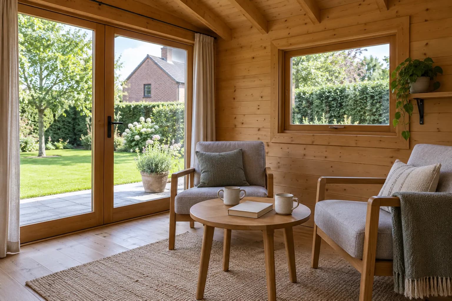 Coin détente dans un chalet en bois avec deux fauteuils, une table ronde et une vue sur le jardin
