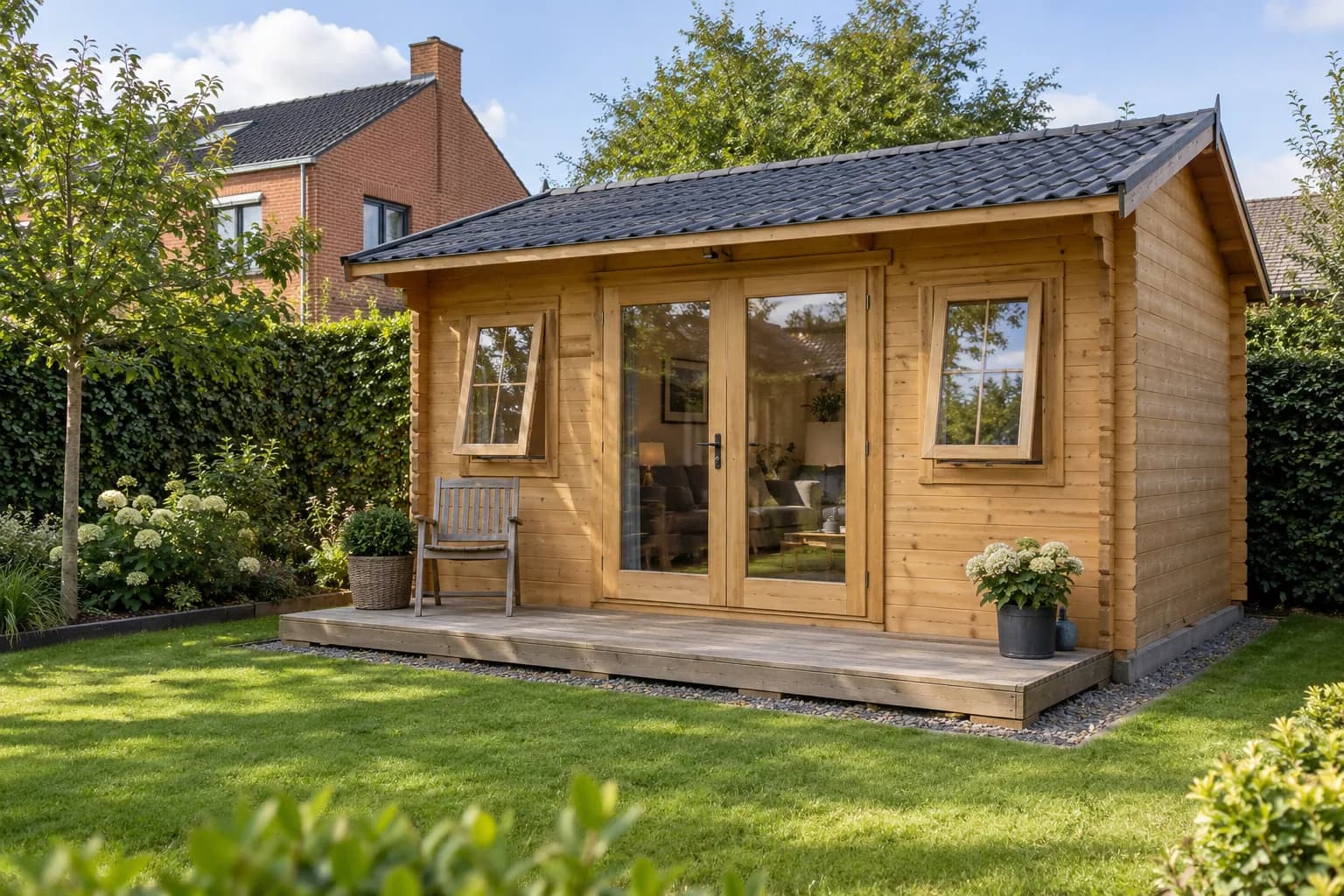 Chalet de jardin en bois avec portes vitrées, fenêtres ouvrantes et petite terrasse
