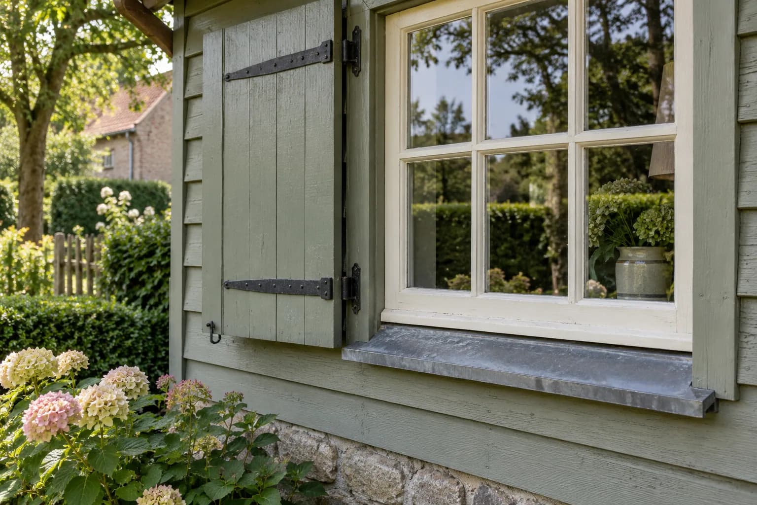 Volet en bois peint avec pentures noires, fenêtre à petits carreaux et appui métallique incliné