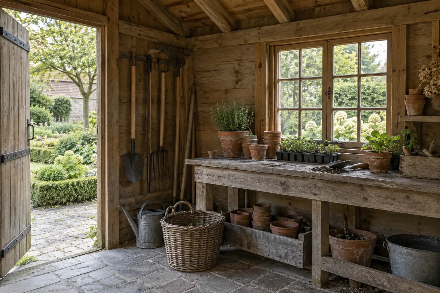 Intérieur d’un abri champêtre avec établi de rempotage, pots en terre cuite et outils suspendus