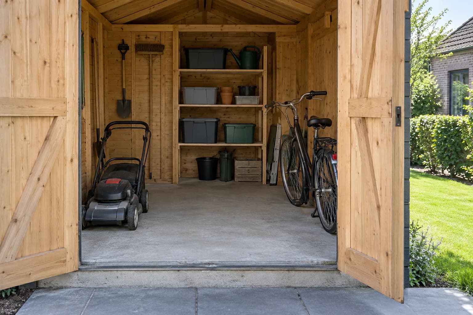 Tondeuse, vélo et étagères dans un abri en bois avec passage central libre