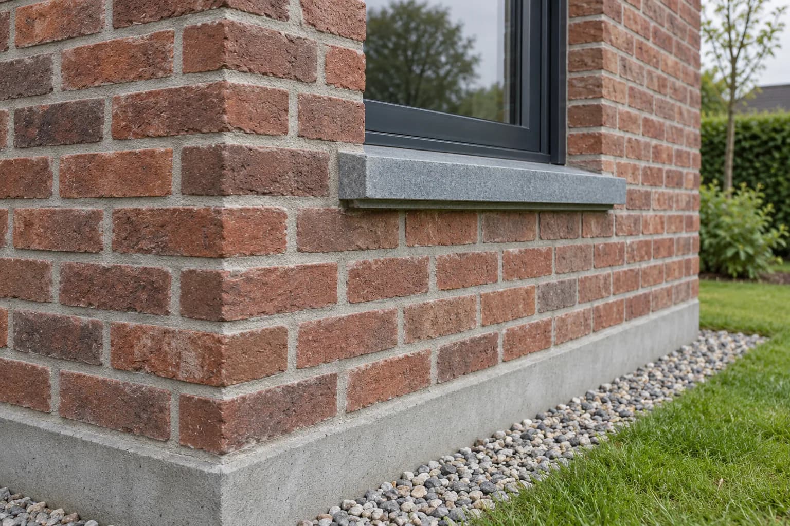 Angle de mur en briques, appui de fenêtre en pierre et soubassement bordé de gravier