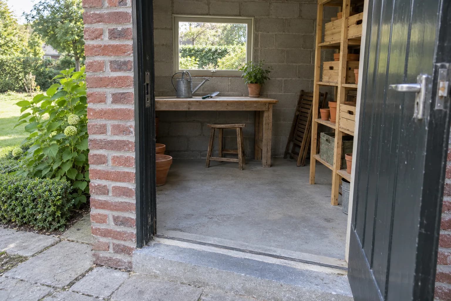 Intérieur d’un abri maçonné avec murs en blocs, établi sous la fenêtre et caisses sur étagères