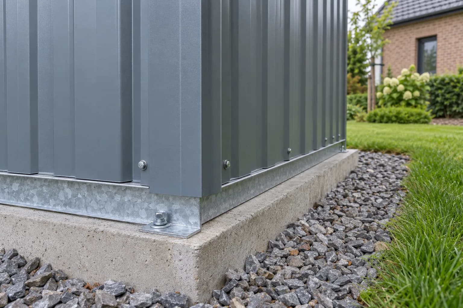 Panneaux d’acier nervurés et cornière galvanisée ancrée sur le socle en béton