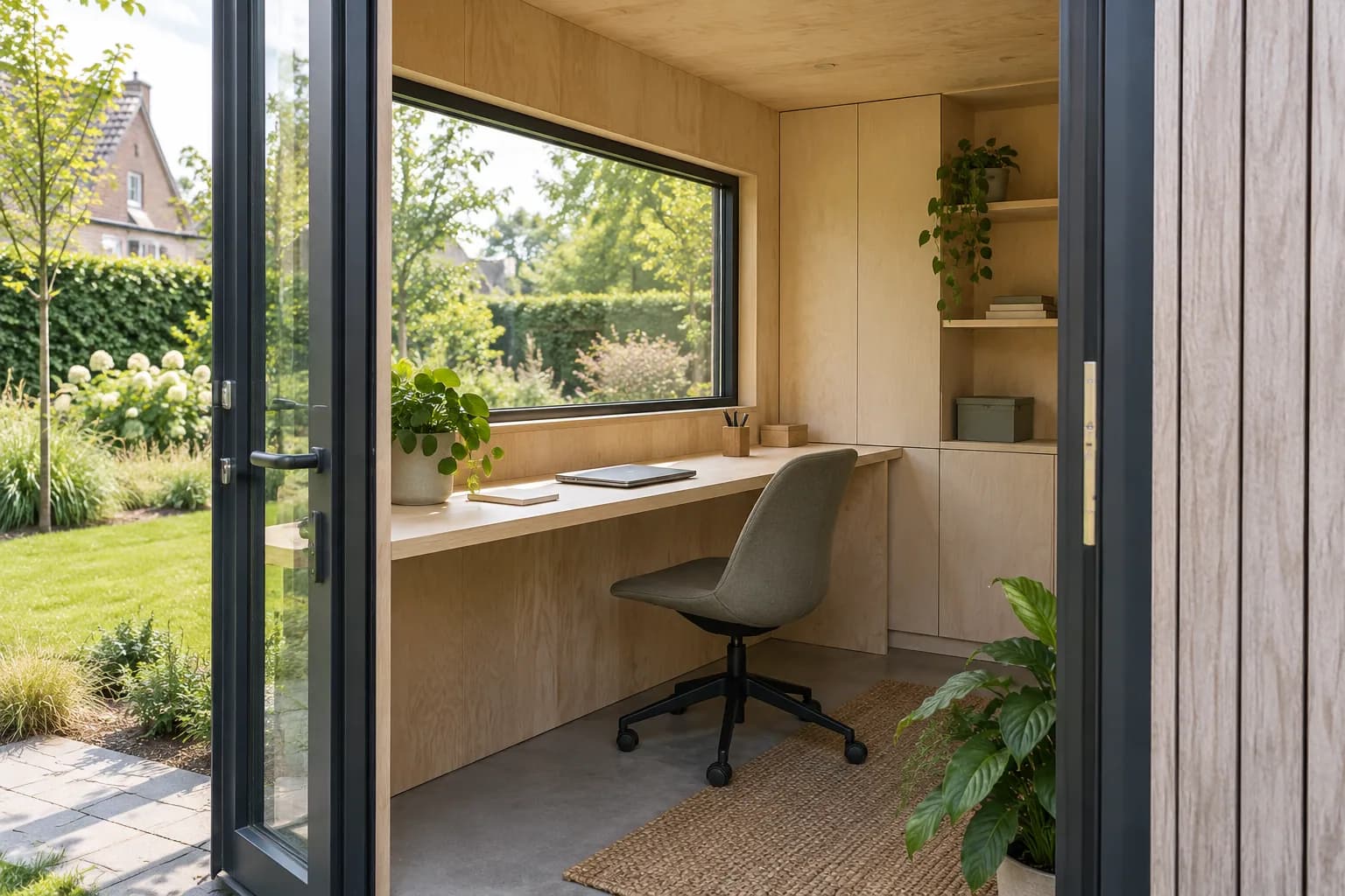 Petit bureau de jardin avec plateau en bois, rangements intégrés et fenêtre donnant sur la pelouse