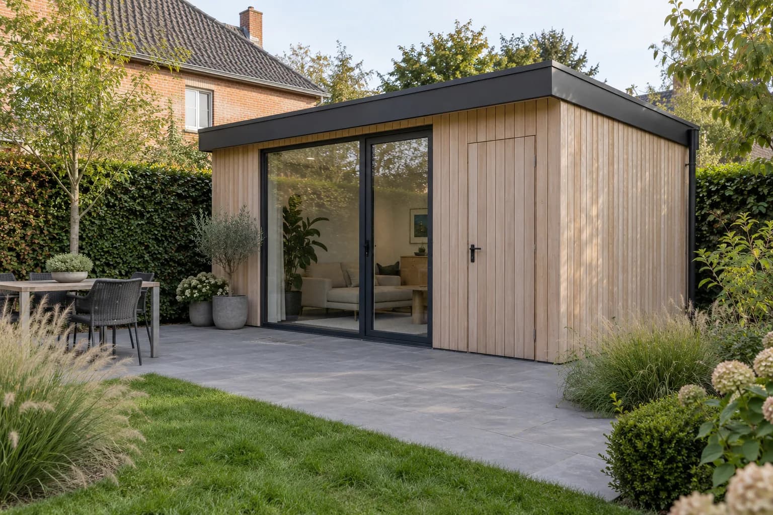 Abri moderne à bardage vertical clair, baie vitrée sombre et toit plat dans un jardin belge