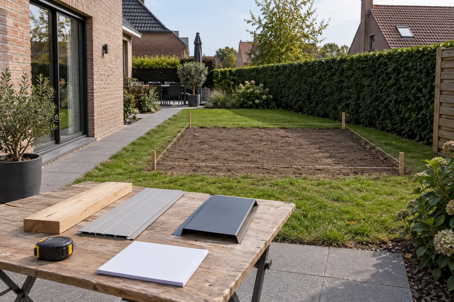 Implantation d’un futur abri délimitée au cordeau, avec échantillons de bois, PVC et métal sur une table