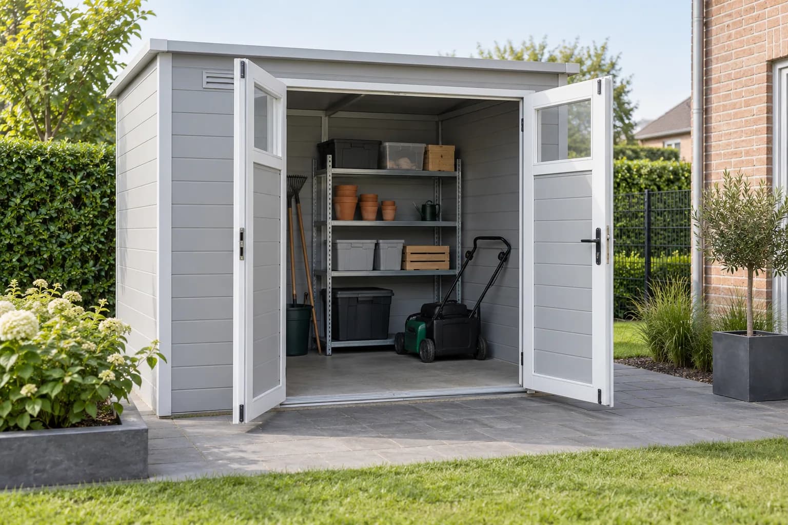 Abri en PVC ouvert avec étagère métallique, pots, bacs de rangement et tondeuse