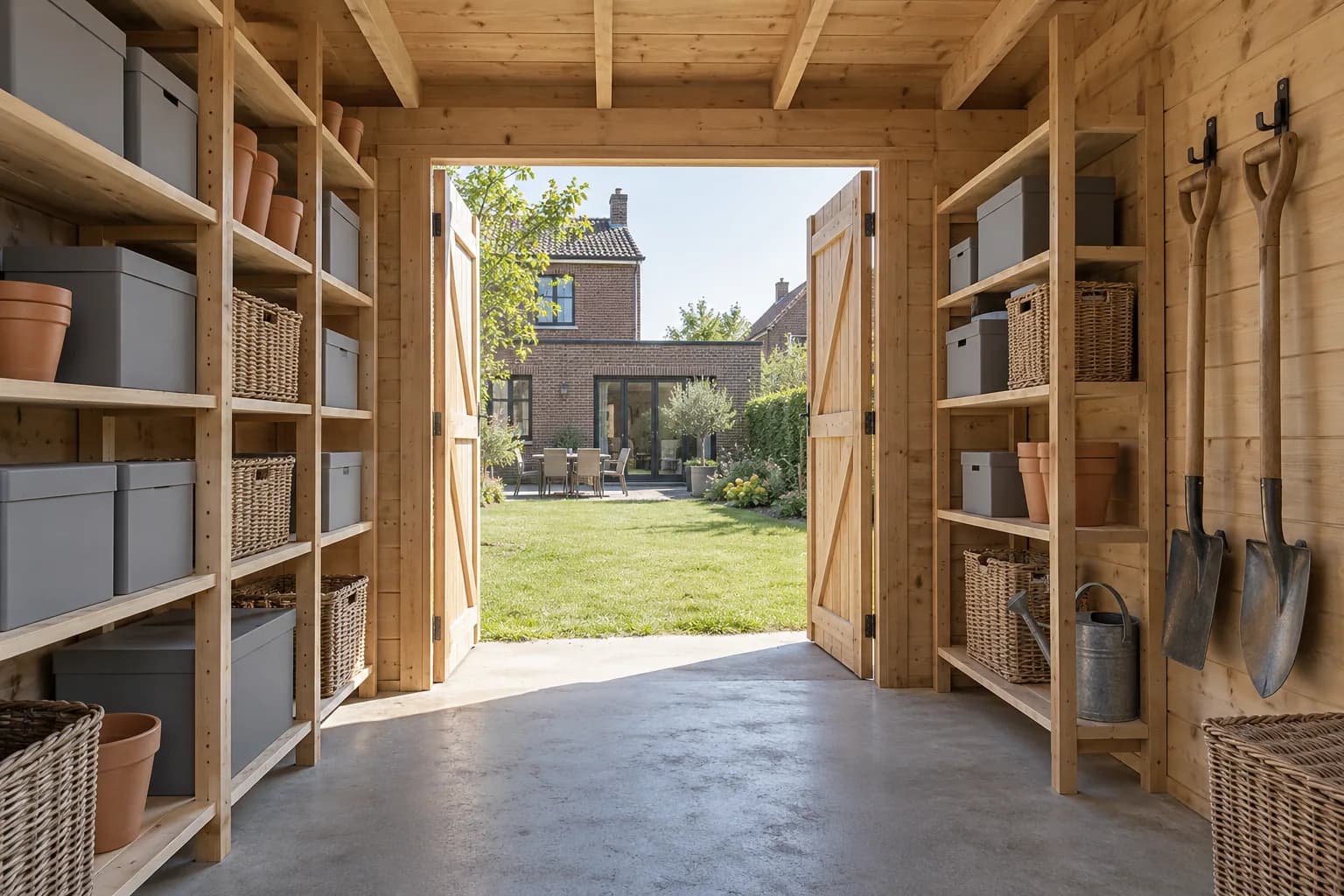 Étagères hautes, boîtes et outils dans un abri à toit plat avec passage central dégagé vers le jardin