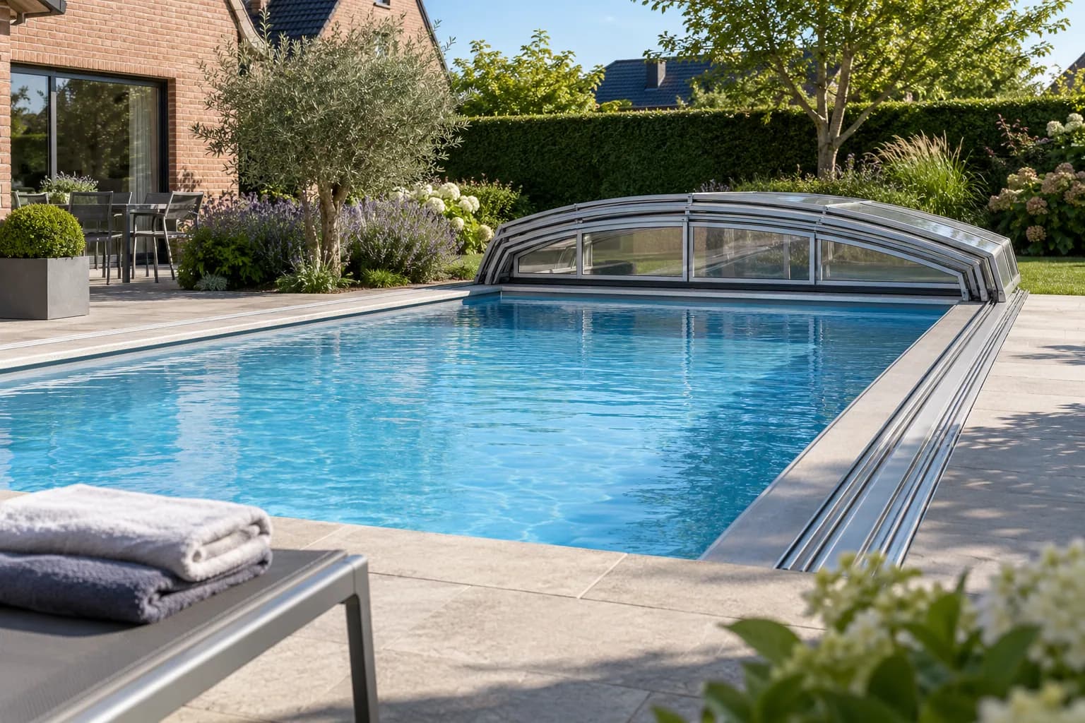 Piscine découverte avec les modules de l'abri télescopique regroupés à une extrémité.