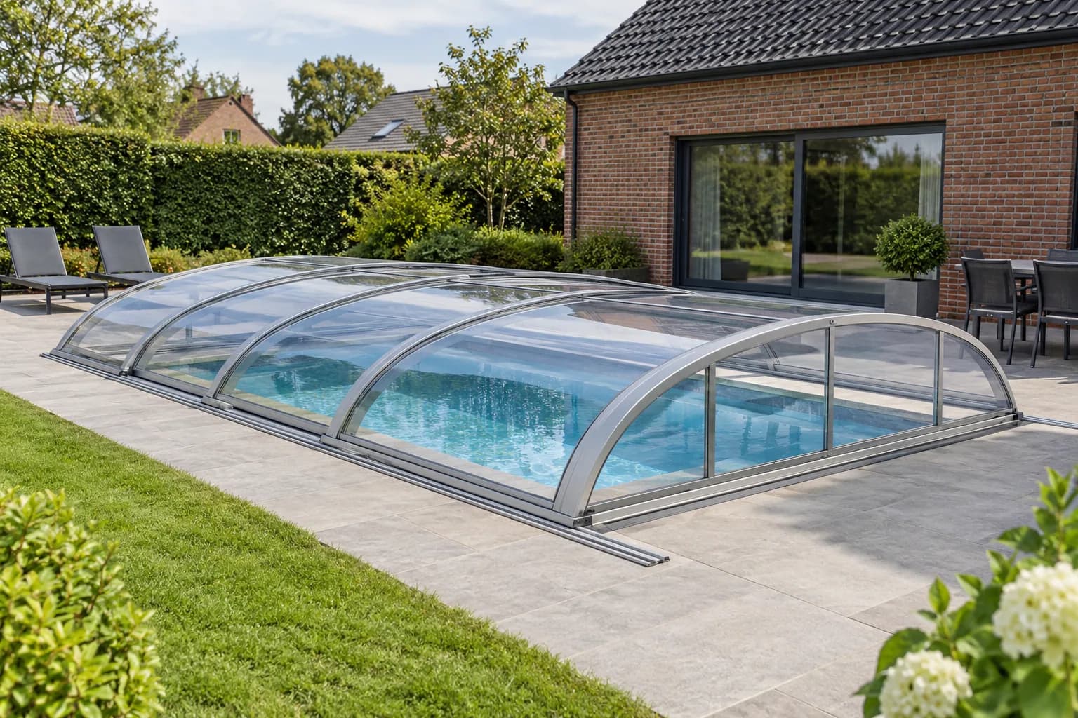 Abri bas transparent à modules coulissants sur rails autour d'une piscine rectangulaire.