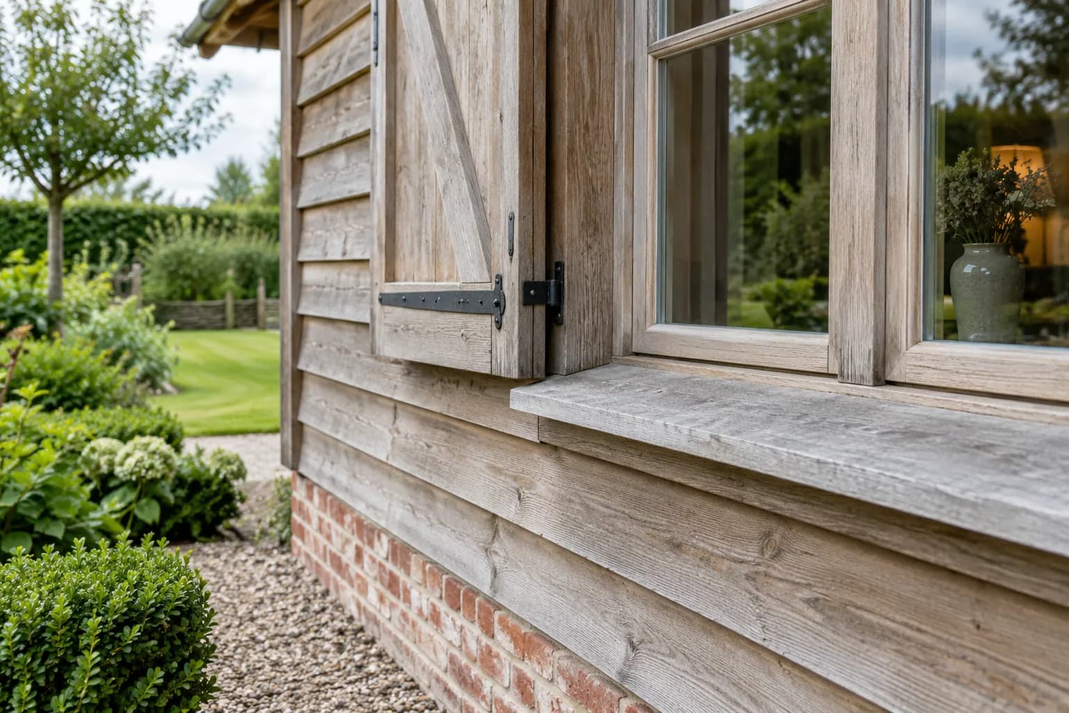 Fenêtre en bois avec volet ouvert, ferrure noire et bardage horizontal au-dessus d'un soubassement en brique.