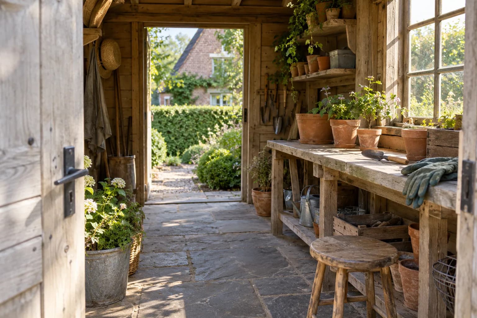 Annexe champêtre aménagée pour le jardinage, avec établi, pots en terre cuite et outils rangés.