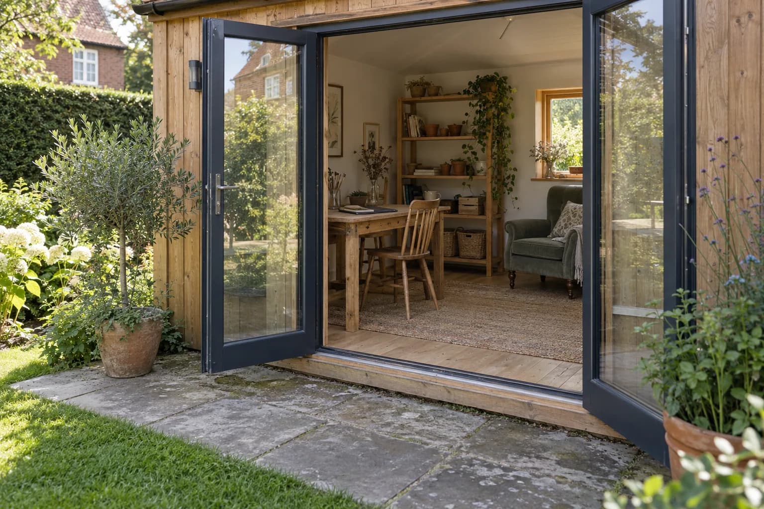 Portes vitrées ouvertes sur une annexe aménagée avec table de travail, étagères et fauteuil.