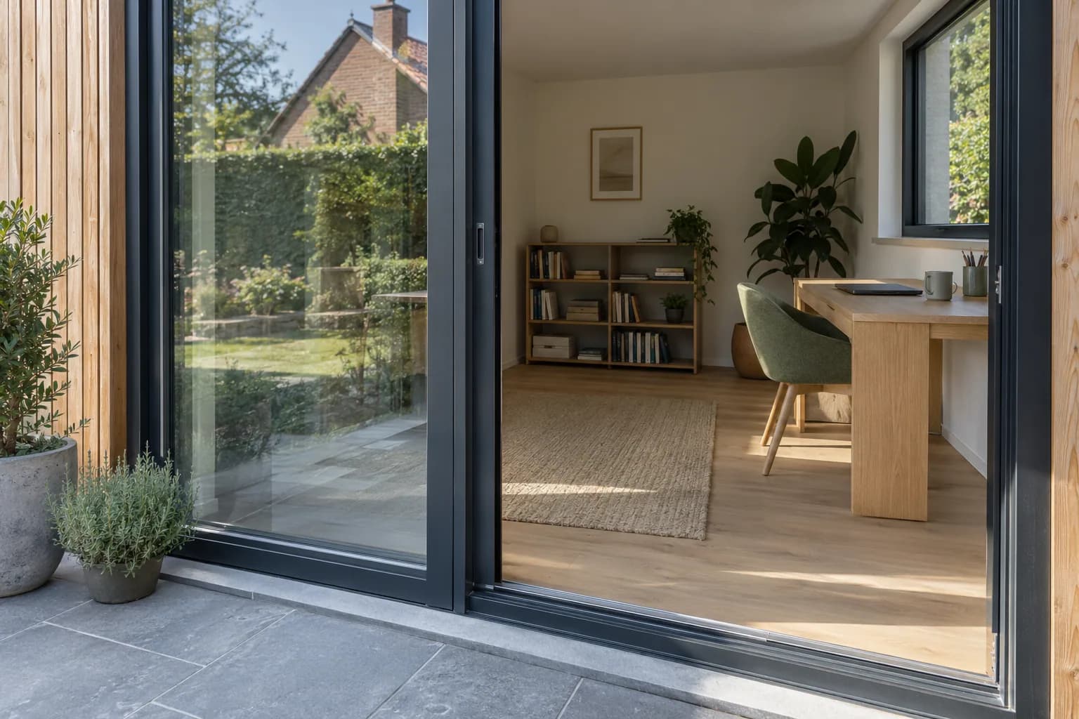 Baie coulissante ouverte sur une annexe moderne avec bureau en bois, chaise verte et bibliothèque.