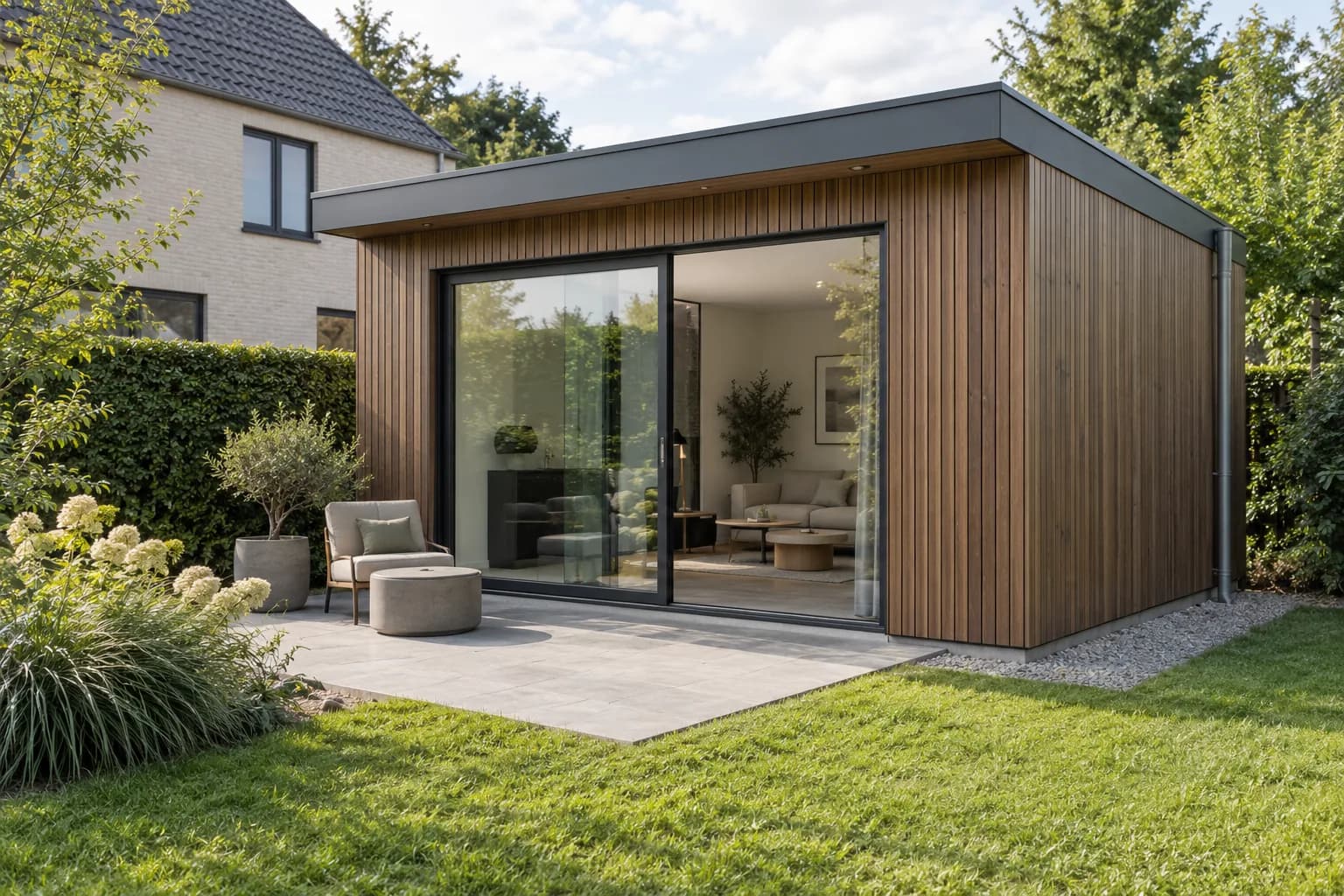 Annexe moderne à toit plat, bardage vertical et grande baie vitrée donnant sur une terrasse.