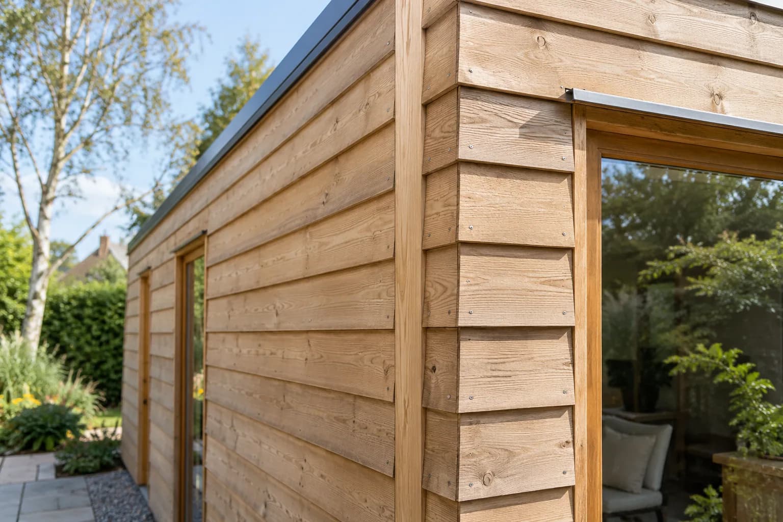 Angle de bardage bois à clins avec fixations visibles et bavette métallique au-dessus d’un châssis en bois.