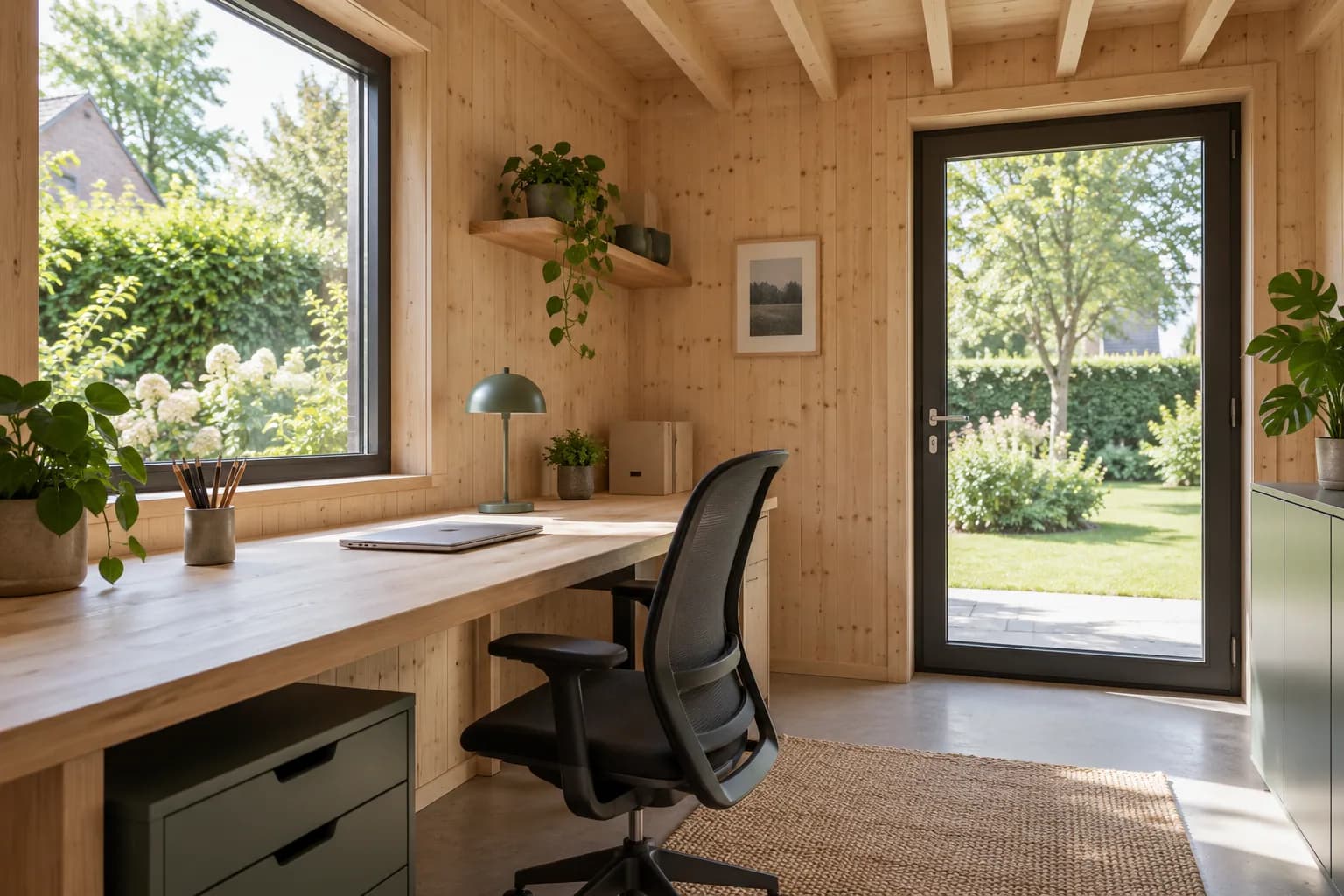 Poste de travail aménagé dans un bureau de jardin lambrissé, avec plafond à solives et porte vitrée.