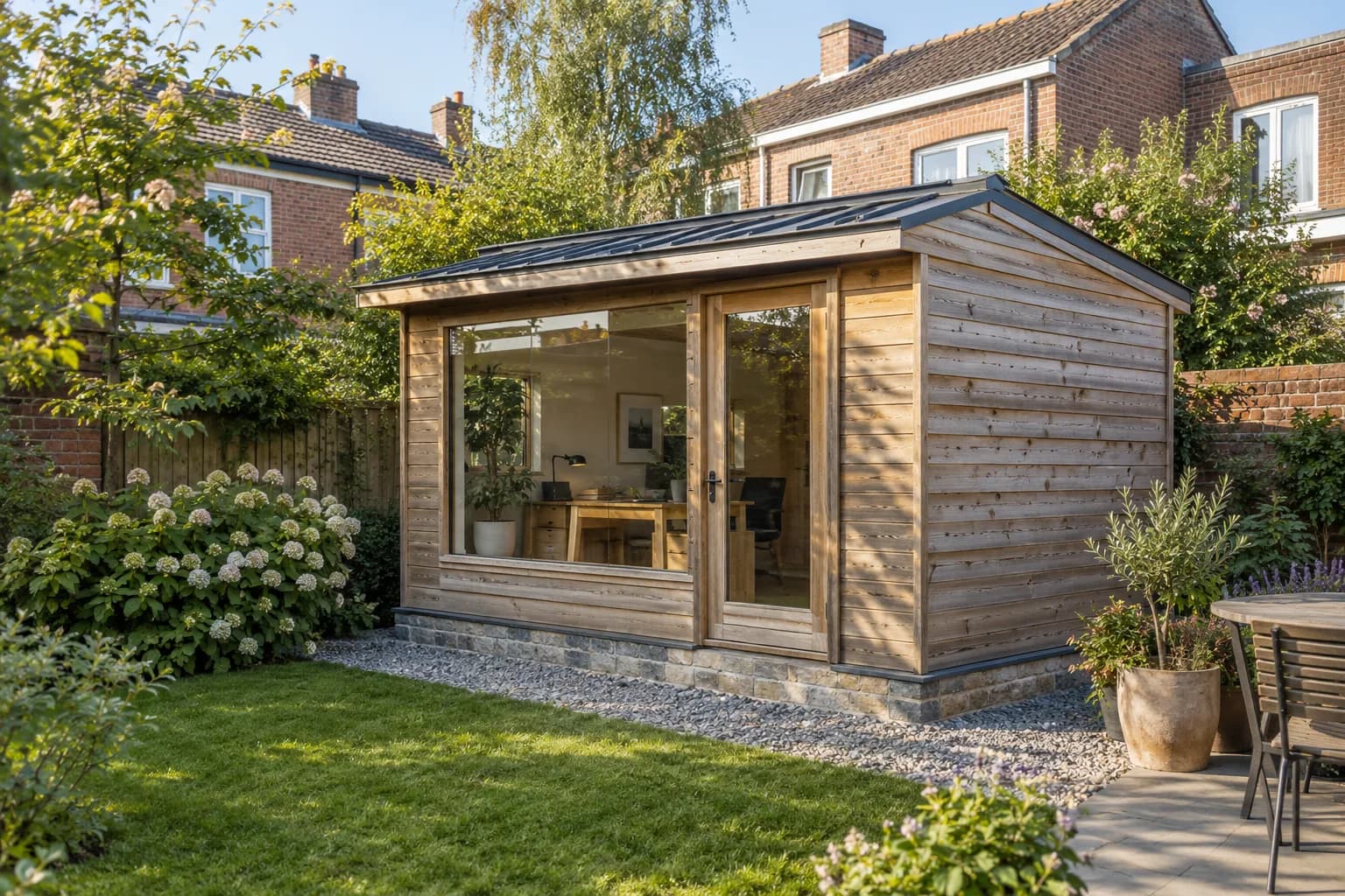Bureau de jardin en bois à bardage horizontal et toiture métallique, avec porte vitrée et large fenêtre.