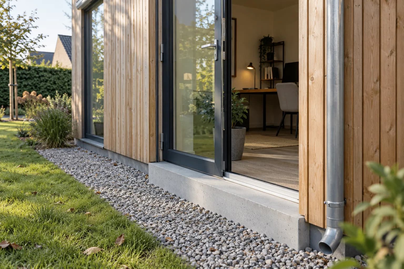 Seuil de porte vitrée d’un bureau de jardin sur socle béton, avec bande de gravier et descente pluviale.