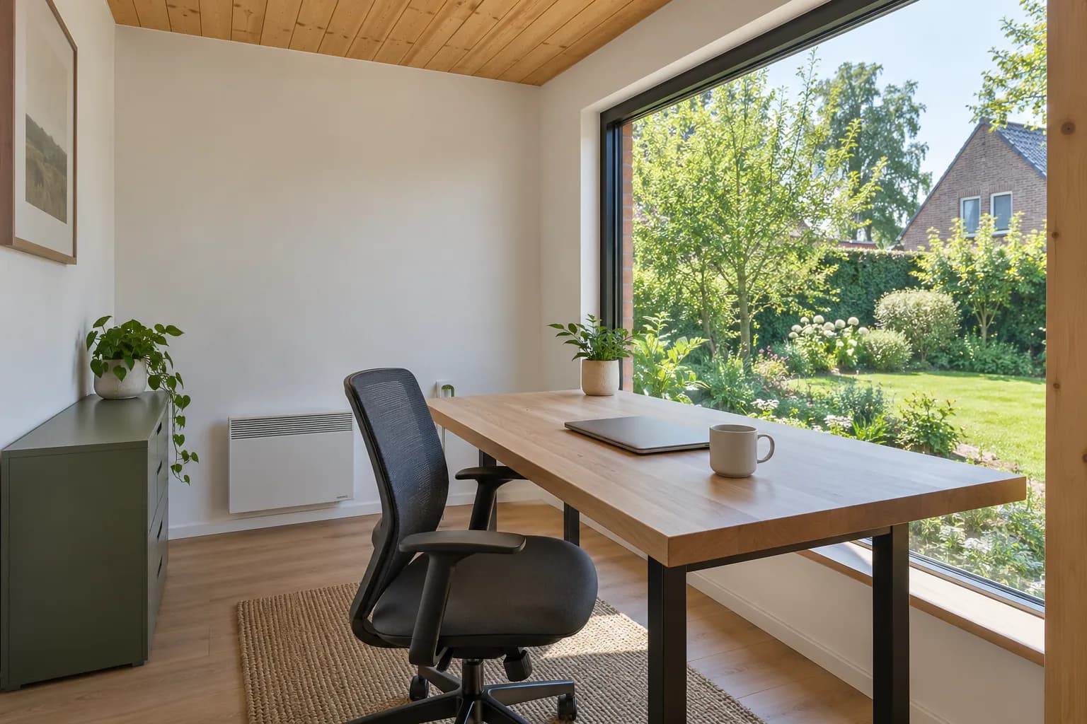 Poste de travail lumineux avec fauteuil de bureau, ordinateur fermé et chauffage mural dans une annexe de jardin.