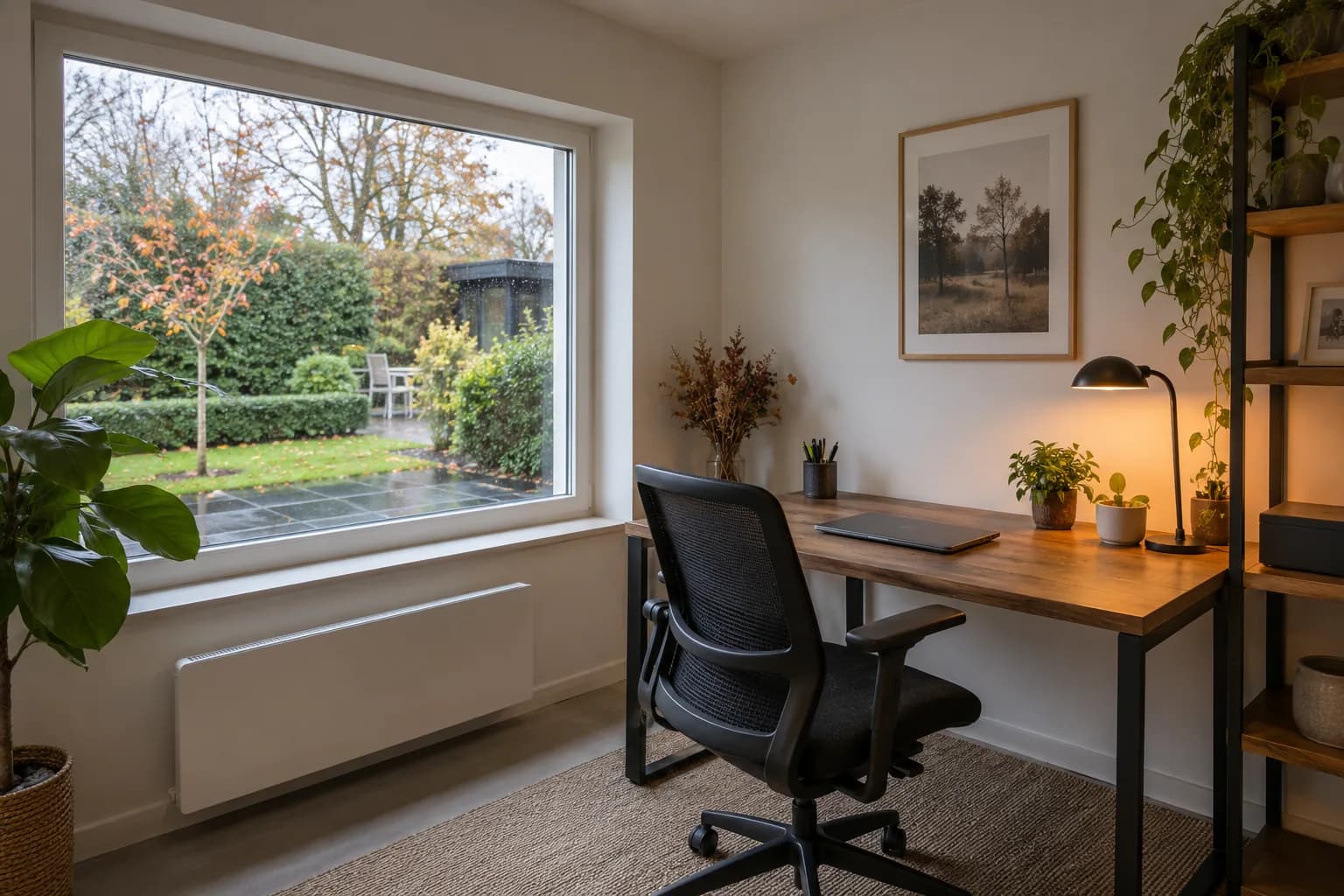 Espace de travail dans une annexe avec fenêtre fermée, chauffage mural et vue sur un jardin humide en automne.