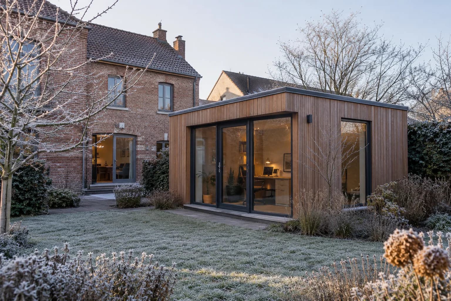 Bureau de jardin vitré et éclairé dans une cour résidentielle belge, avec givre sur la pelouse et les branches.