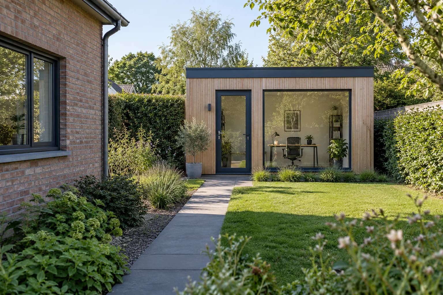 Bureau de jardin indépendant à bardage clair et grande baie vitrée, relié à la maison par un chemin dallé.