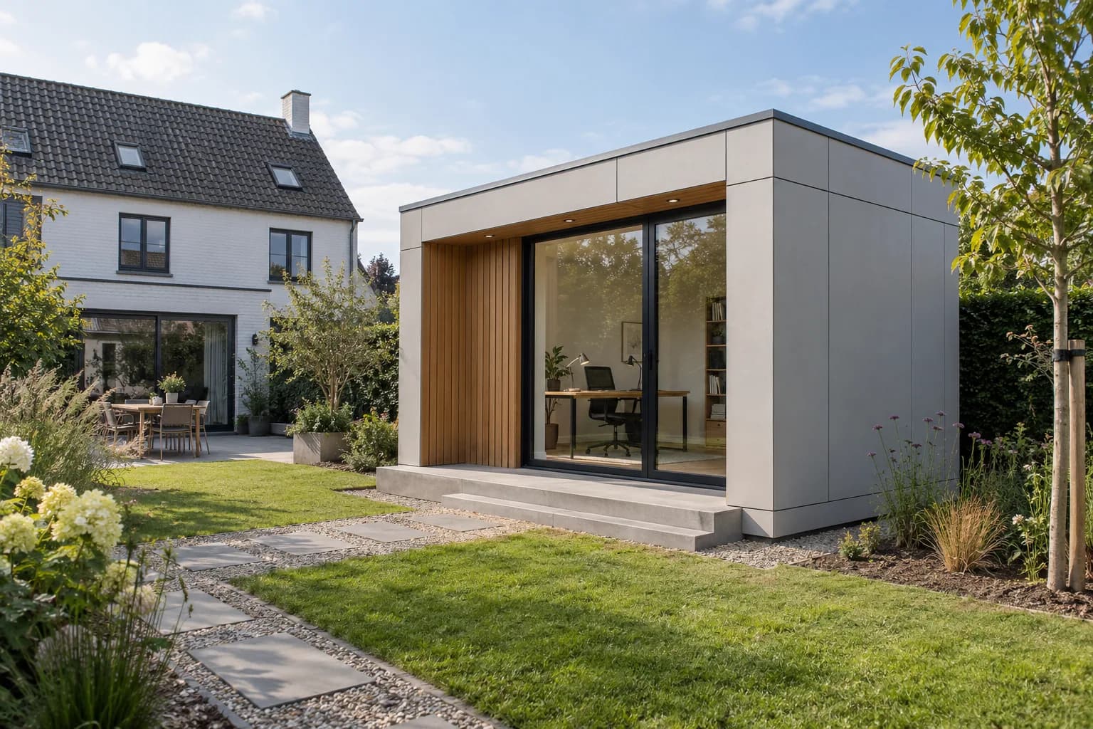 Bureau de jardin modulaire à panneaux gris clair, entrée vitrée et marche basse, installé derrière une maison belge.