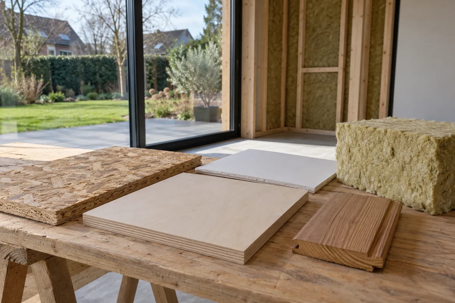 Échantillons d’OSB, contreplaqué, plaque de plâtre, bardage et laine minérale dans un bureau de jardin en finition.