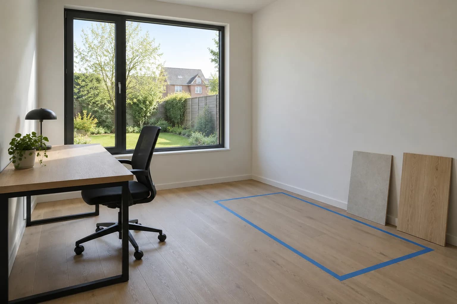 Emplacement de rangement délimité par du ruban bleu dans un bureau de jardin, avec deux échantillons de sol.