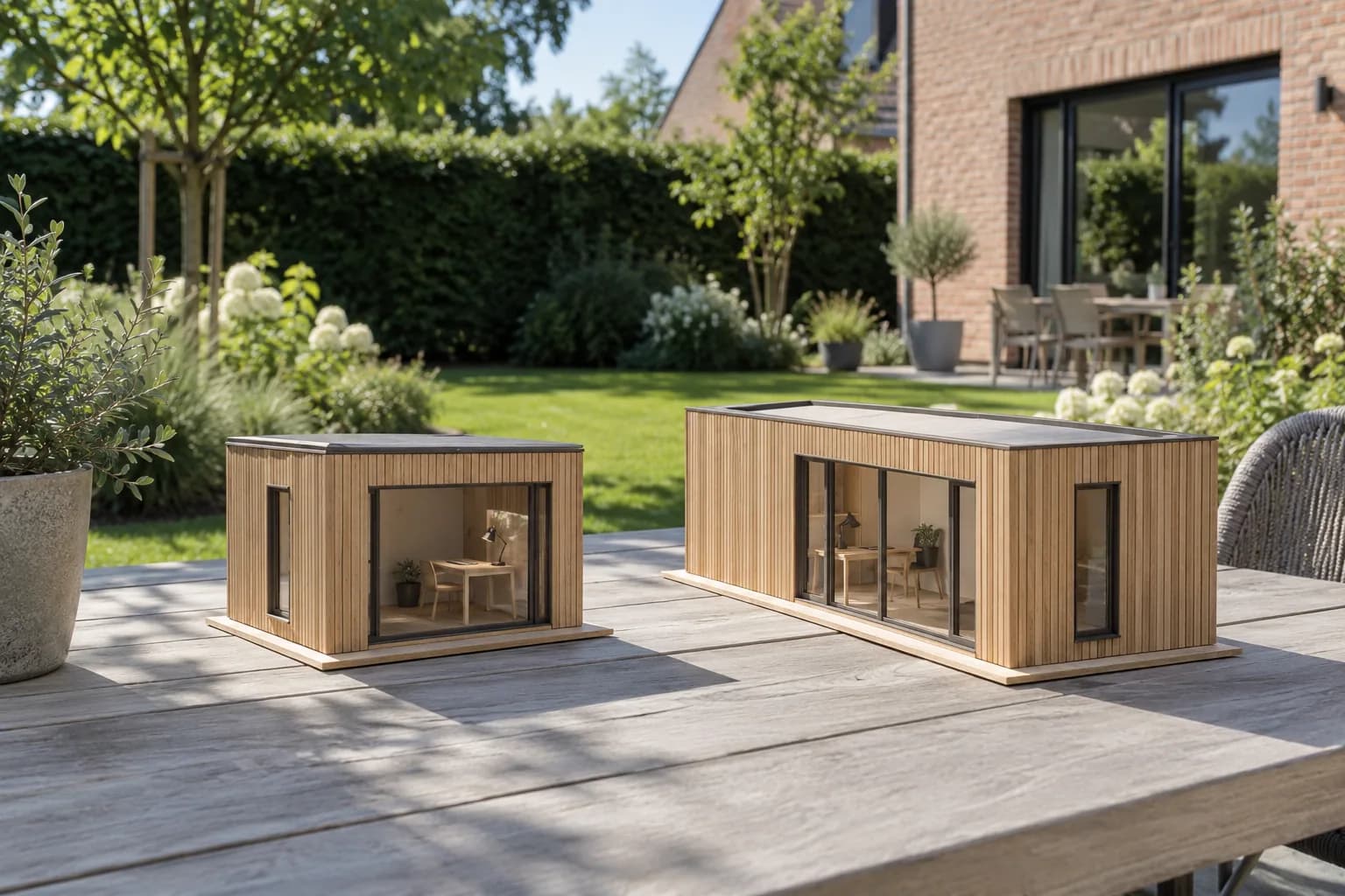 Deux maquettes de bureaux de jardin de dimensions différentes, présentées côte à côte sur une table extérieure.