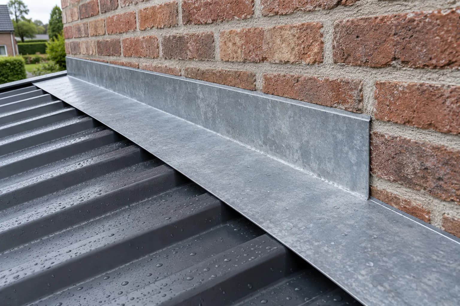 Solin métallique à la jonction d’un mur en briques et d’une couverture nervurée de carport adossé