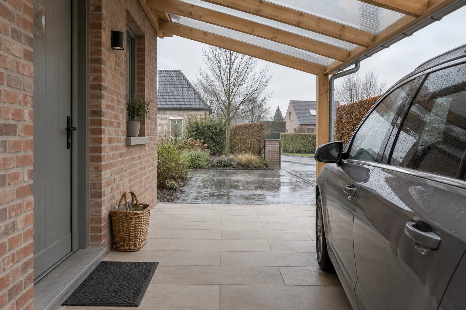 Passage abrité entre une voiture et la porte de la maison sous un carport adossé en bois, un jour de pluie