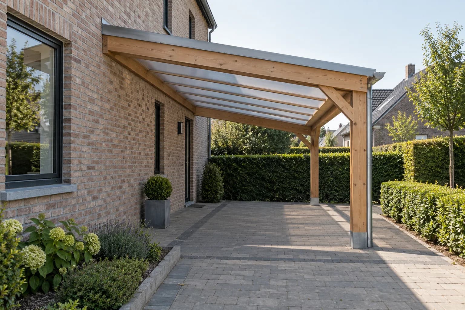 Carport adossé en bois avec deux poteaux extérieurs, toit translucide en pente et descente d’eau