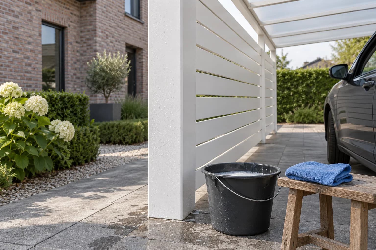 Seau d’eau savonneuse et chiffon près d’un poteau et d’une paroi de carport en aluminium blanc