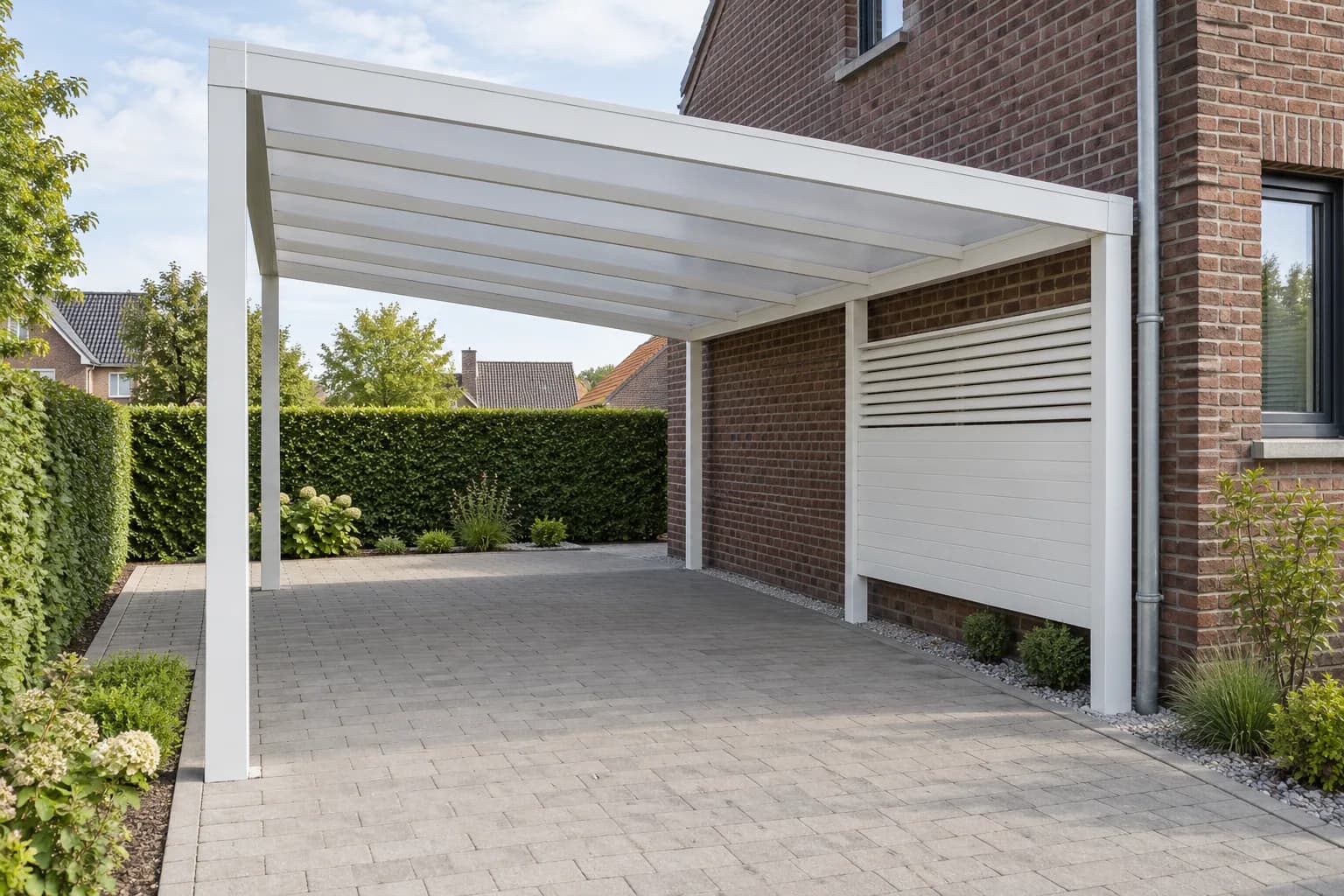 Carport en aluminium blanc à toiture translucide installé le long d’une façade en briques