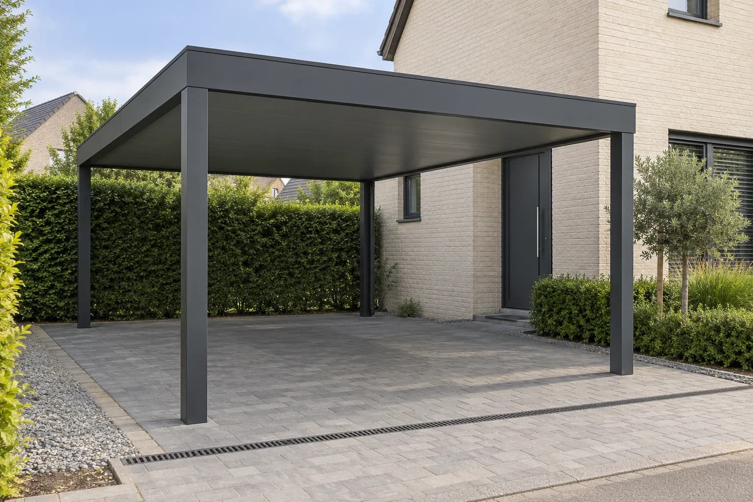 Carport en aluminium anthracite à toit plat opaque sur quatre poteaux devant une maison en briques claires