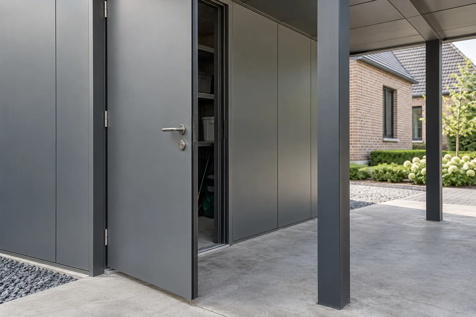 Porte métallique entrouverte avec serrure, joint sombre et seuil bas de la remise sous le carport