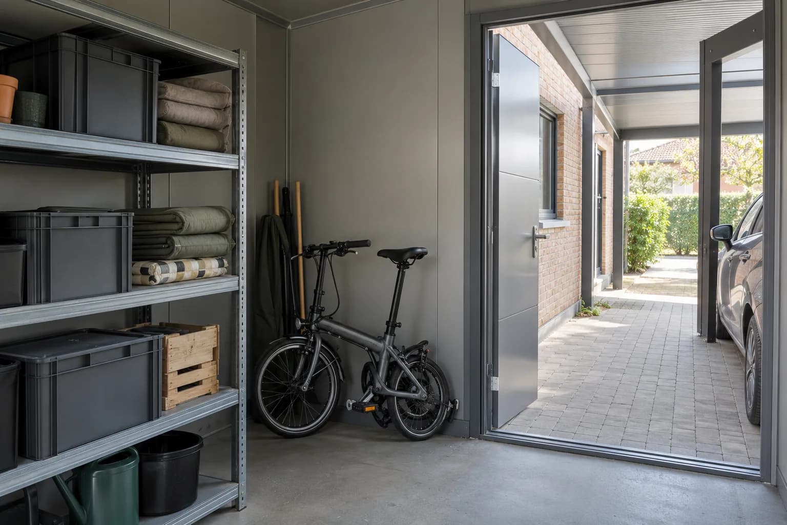 Remise à panneaux gris avec étagères, coussins et vélo compact, ouverte sur le passage couvert du carport