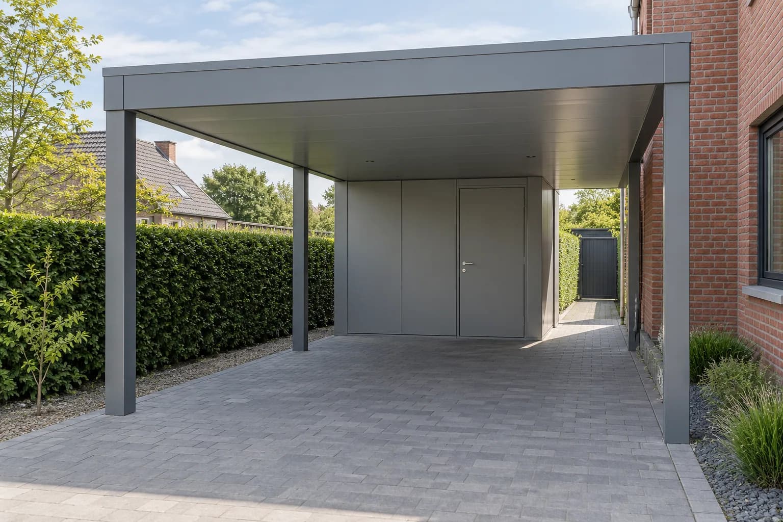 Carport en aluminium gris avec remise à panneaux pleins et passage latéral le long de la maison